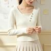 Women’s White Ribbed Square Neck Knit Sweater - Faux Layered Style, Loose Fit for Autumn/Winter