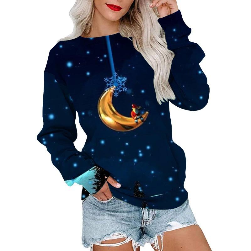 Autumn Winter Fashion Christmas Series Christmas Tree Elk Printed Pocket Round Neck Hoodie