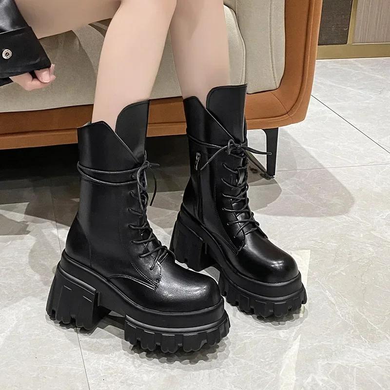 Women's Mid-Calf Boots New Fashion Lace-up Patent Leather Chunky Shoes Autumn High Heel Platform Black Motorcycle Boots