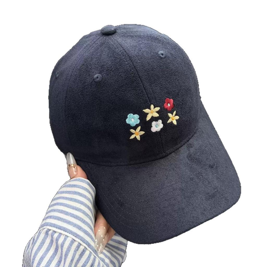 Suede small flower embroidery baseball cap for men and women couples big head circumference versatile fashion cap showing small face