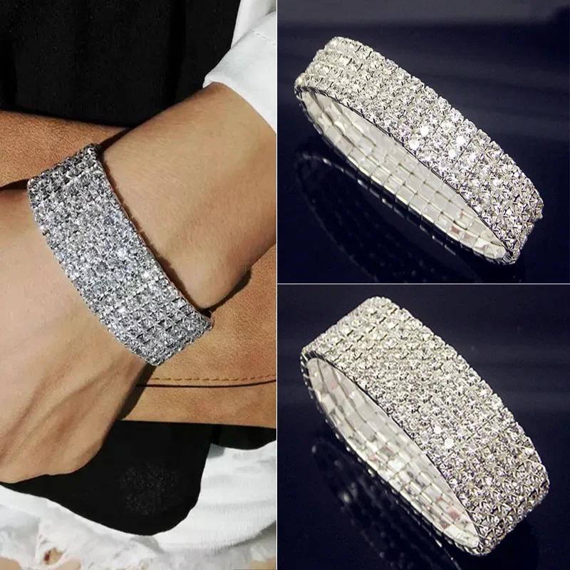 Brățară Elastică de Lux Albă Completă cu Cristal Cubic Zirconiu AAA Strălucitoare cu Strasuri Gheață Brățară de Damă pentru Femei Bijuterii de Nuntă