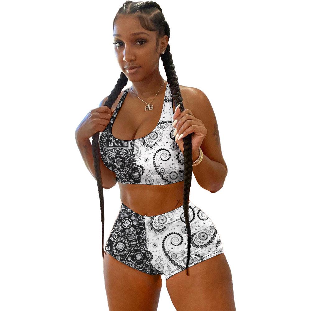 Women's European & American Contrast Color Sports Vest and Printed Pants Set