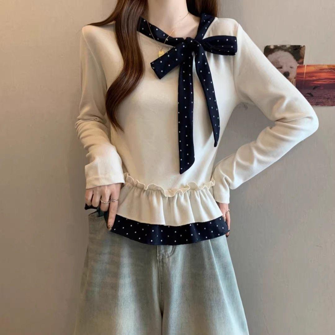 

Designer Plus Size Corduroy Patchwork Long Sleeve T-Shirt - Women s Slimming Autumn/Winter 2025 L (Recommended 101-120 jin) абрикосовий