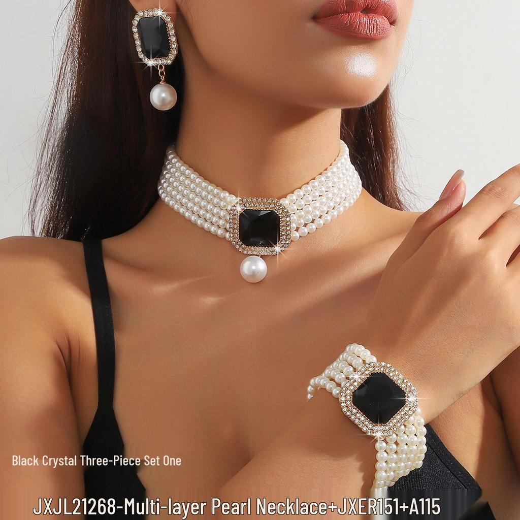European Luxury Multi-Layer Faux Pearl & Crystal Jewelry Set – Necklace, Earrings, Bracelet - Colorful, Fashionable, and Exquisite Accessories