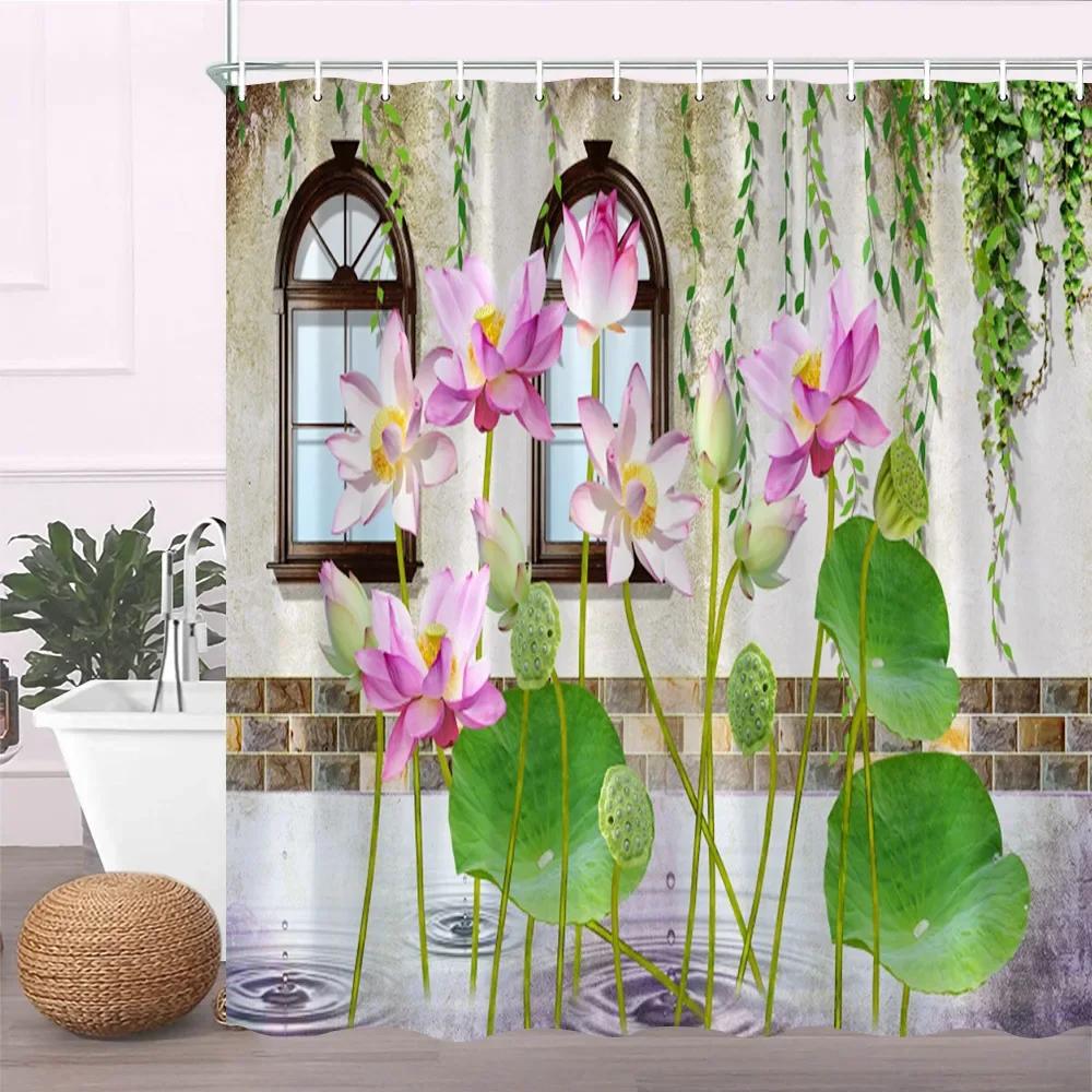 Pink Sakura Flowers Shower Curtains Japanese Cherry Blossoms Trees Floral Rustic Garden Landscape Fabric Print Bathroom Decor