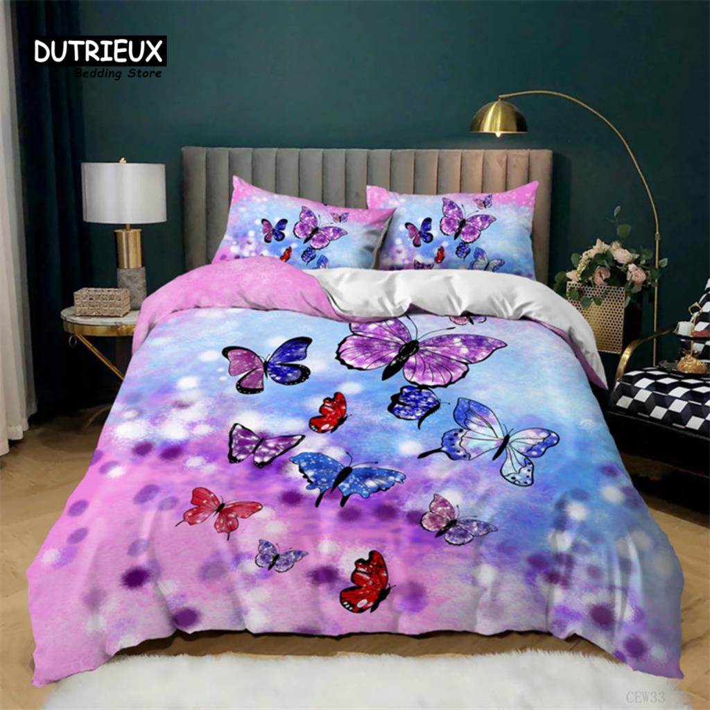 Girls Duvet Cover Set Queen Size Butterfly Bedding Set For Kids Teens Gorgeous Colorful Butterflies Comforter Cover Pillowcases