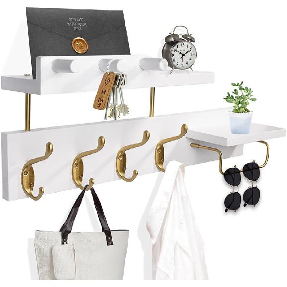 Coat Rack Wall Mount with Shelf 4 in 1 Wood Coat Hooks with Key and Mail Holder 17 Inch Entryway Hanging Shelf with Sunglasses Holder and 4 Metal белый 9680₽