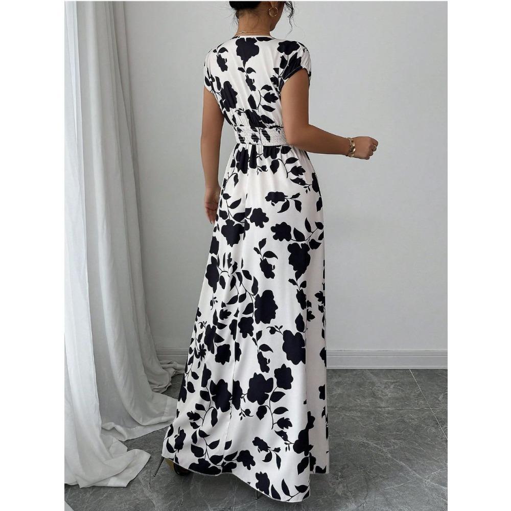 Nuevo Vestido Largo Estampado de Verano con Cuello en V y Manga Corta con Lazo para Mujer Cintura Ajustada