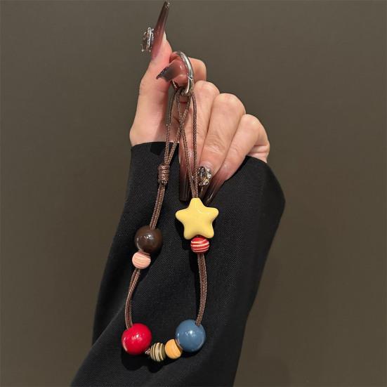 Handy-Lanyard Dickes Ölwachs-Seil Handgeflochten Stark Belastbar Anti-Verlust Anti-Diebstahl Handy-Riemen mit Holzperlen Sternen-Dekor