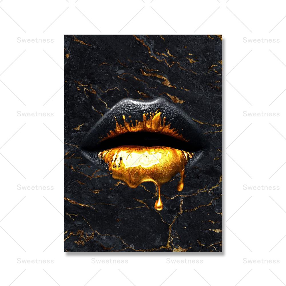 Modern Golden Lips Dollar Money Poster Print Wall Art Luxury Art Canvas Painting Abstract Pictures for Living Room Home Decor No Frame