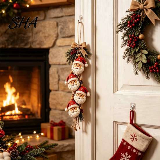 Farmhouse Style Christmas Ornaments Santa Claus Hanging Ornament, 2D Flat Tree Decoration, Rustic Wood Holiday Wall Decor Sign with Pine Branches