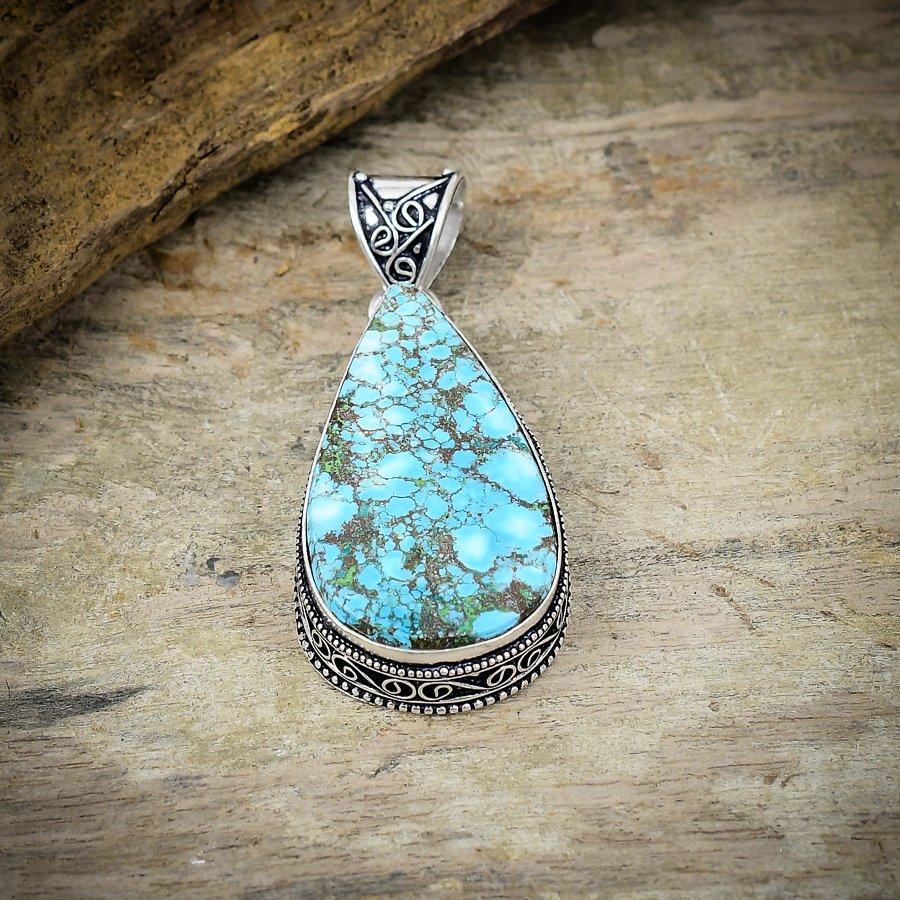 Tibetan Turquoise Gemstone 925 Sterling Silver Jewelry Pendant 2.25" M-170