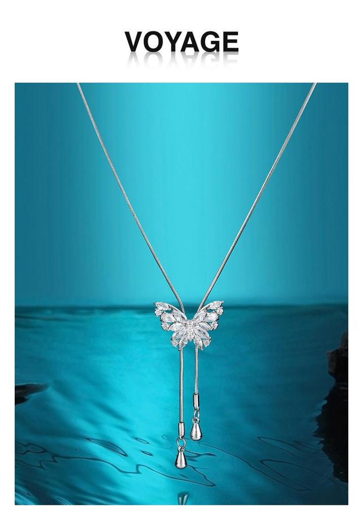 Elegant Butterfly Tassel Zircon Pendant Necklace for Women - Luxury Sweater Chain Accessory