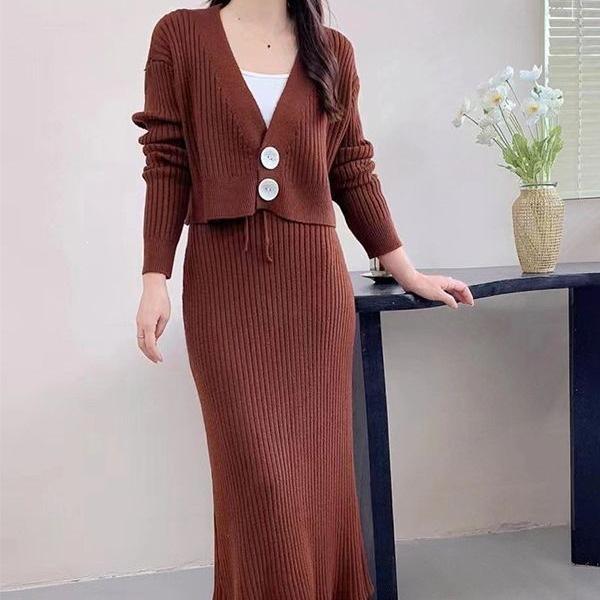 2026 Autumn/Winter European & American V-Neck Knit Cardigan with Two-Button Closure and Long Bodycon Skirt Two-Piece Set
