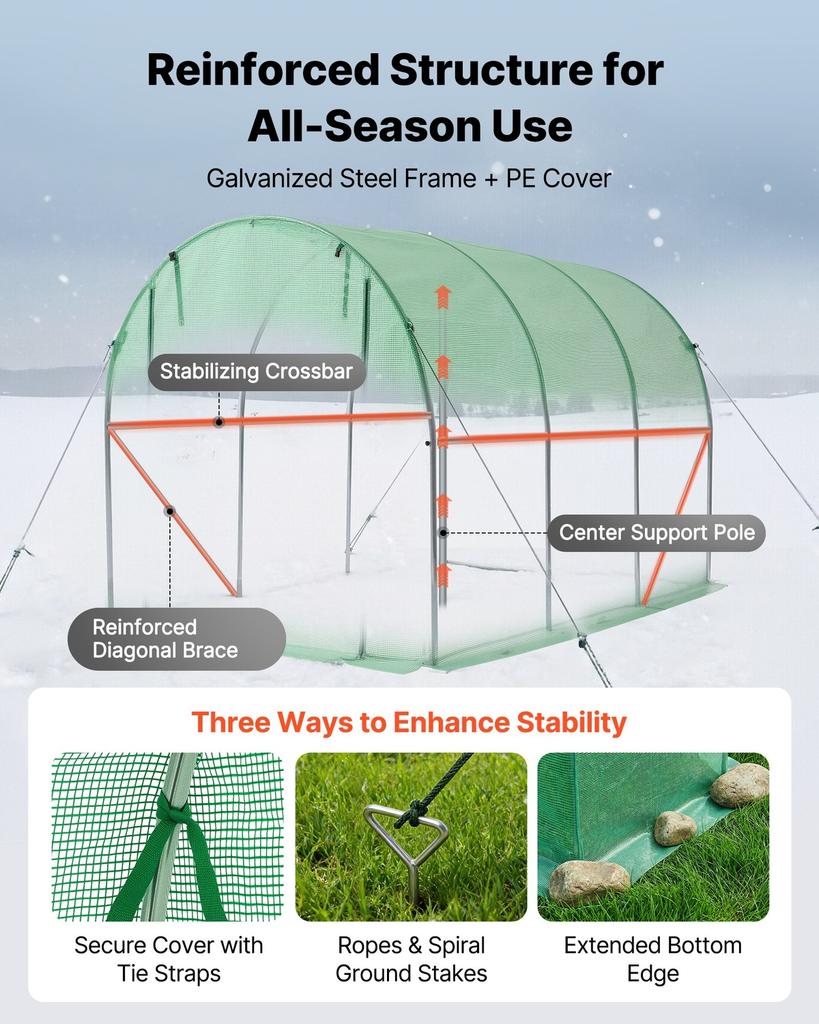 Walk-in Tunnel Greenhouse, 2.93x1.97x1.94 M Hoop House Greenhouse Tunnel with Watering System, Plant Hot House with Steel Frame, PE Cover, Roll-Up