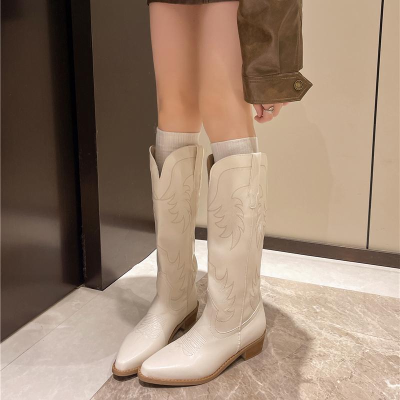 Fashion New Spring and Fall Fashionable Pointy Solid Color Women's Mid-calf Boots with Mid-heel Sleeves Embroidered Western Cowboy Boots