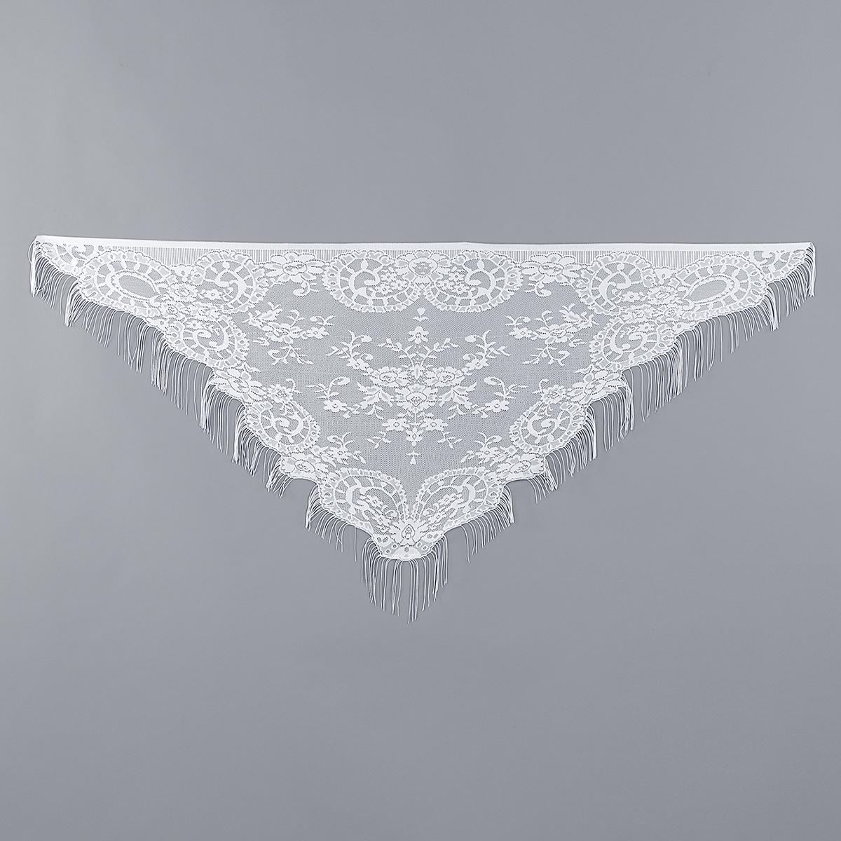 Elegant White Flower Embroidered Triangular Scarf Spanish Catholic Prayer Tassels Scarf Wedding Shawl Waist Scarf Accessory