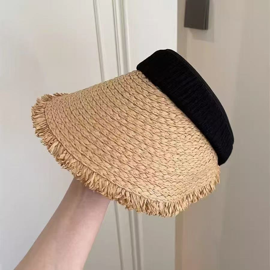 Summer Straw Woven Foldable Raffia Rough Edge Big Brim Sun Protection Hat Women's Summer Travel Shading and UV Protection