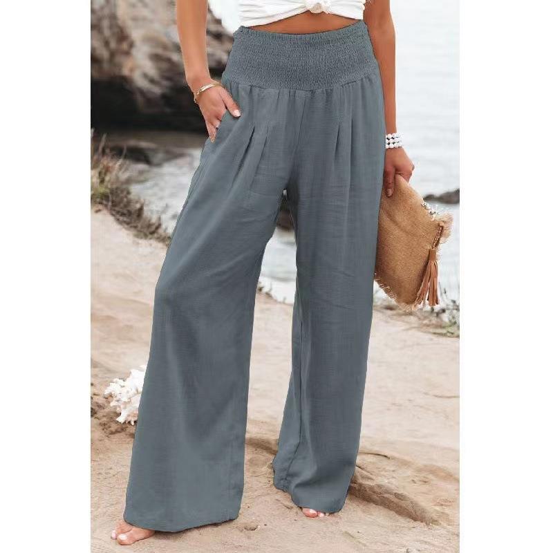 Women's Spring/Summer 2025 Cotton Linen Wide-Leg Pants - Solid Color, Elastic Waist, Casual Long Fit