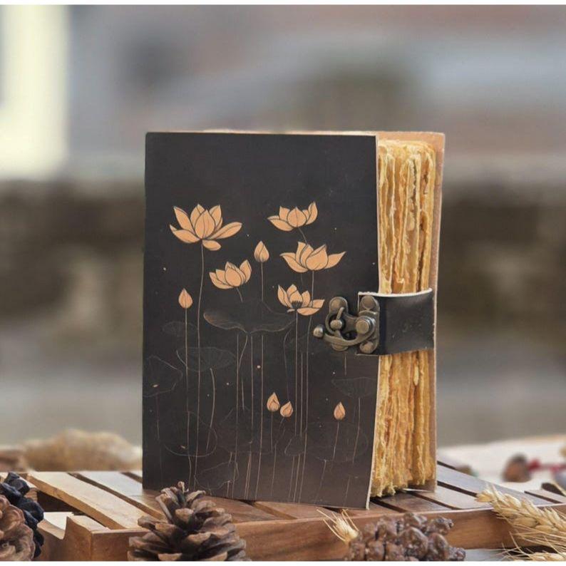 Leather Journal Handmade Notebook | Floral Sketchbook | Writing Journal | Vintage Diary with Lock