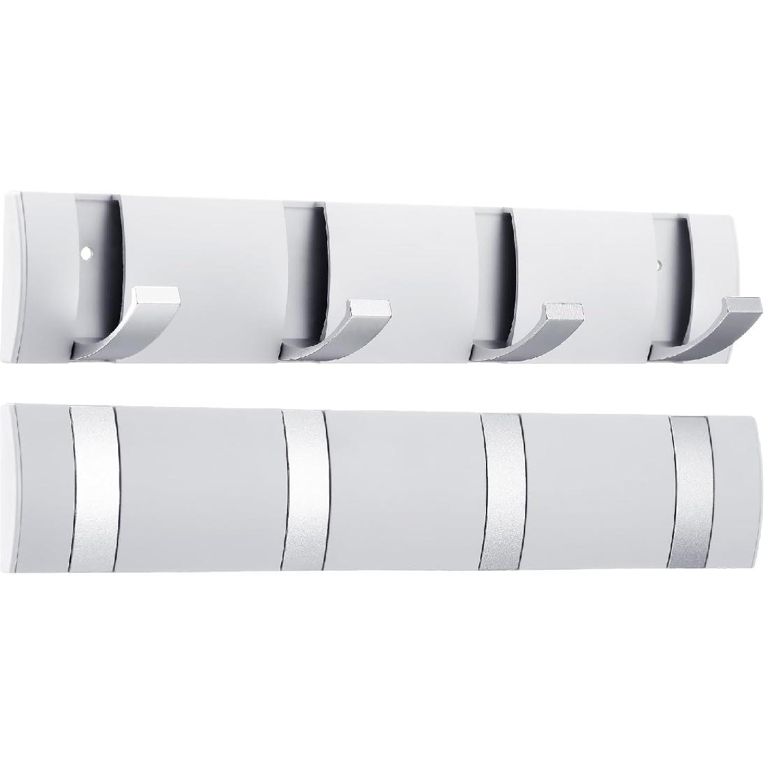 Wesiti 2 Pack White Wall Mounted Coat Rack Folding Aluminum Coat Rack with 4 Retractable Hooks for Space Saving Wall Hook Hangers Entryway Bathroom