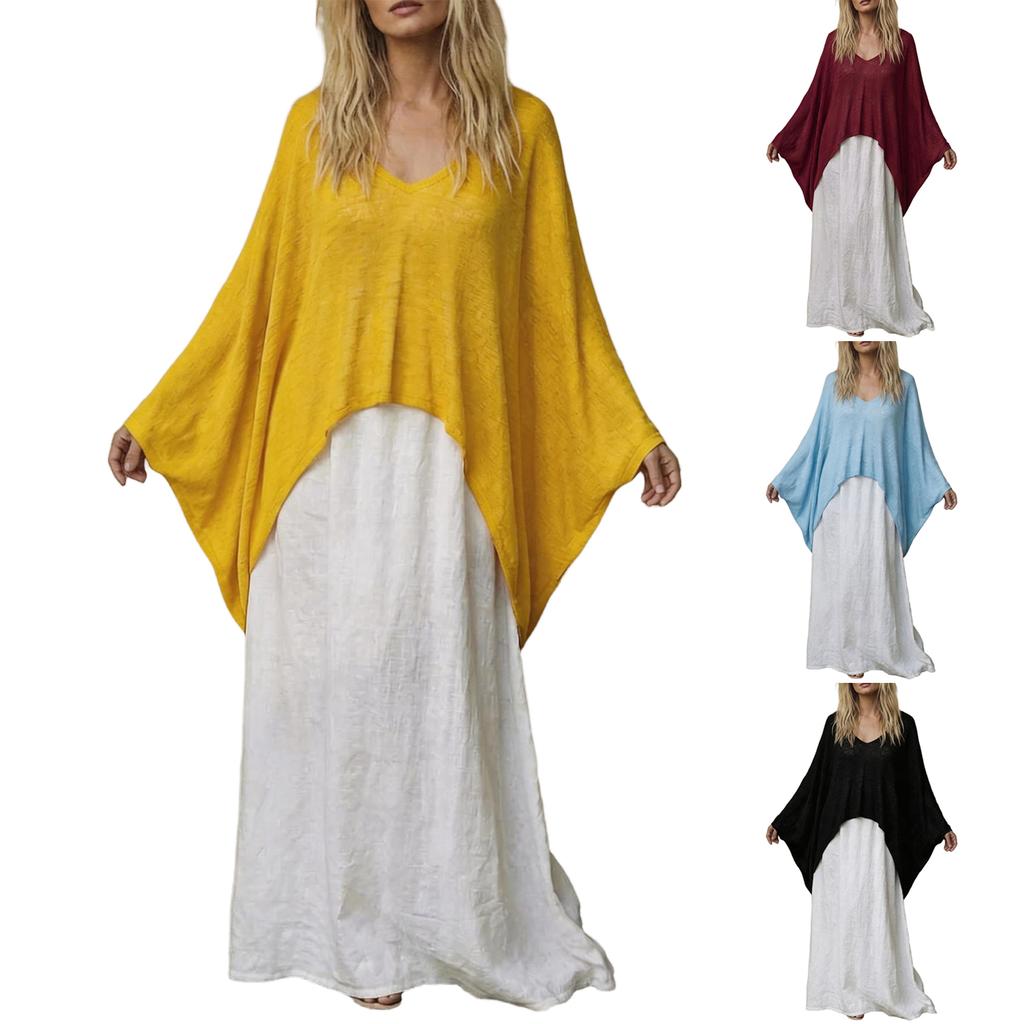 Women's Color V-Neck Long Sleeve Cape Top and Loose Fit Dress Two-Piece Set