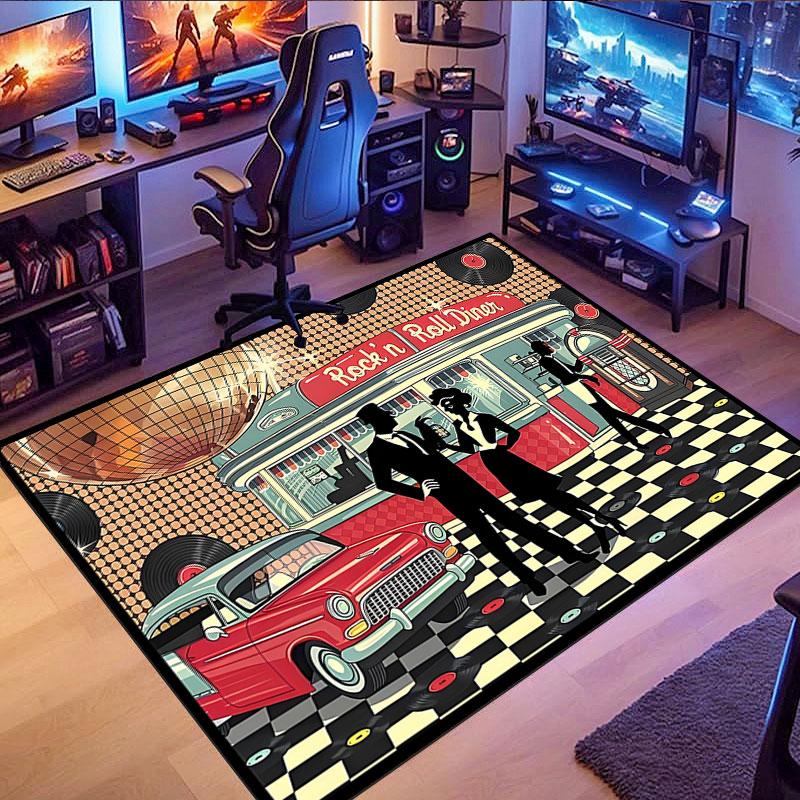 Retro Car & Rock Bar Themed Rug, non-slip rug, suitable for living room, bedroom, game room, computer room and home décor.