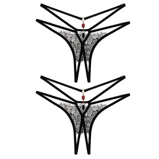 2Pcs Erotic Women Lace See Through Hollow Out Open Crotch G-String Underwear