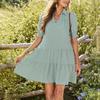 Casual Summer Swing Dress V Neck Short Sleeve Pleated Midi Flowy A Line Sundress Women Beach Dress with Lapel Collar