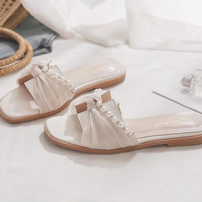 

2025 Summer New Women s Slippers BowKnot Casual Style Flat Bottom Beach Sandals Nylon Material Adult Size Butterfly Element 40 абрикосовий