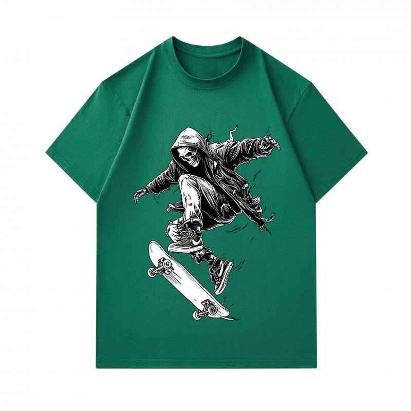 Mens 100% Cotton Crew Neck Short Sleeve T-shirt, Cool Skull Skeleton Skateboard Street Style Graphic Print Casual Comfortable Tees for Daily Wear