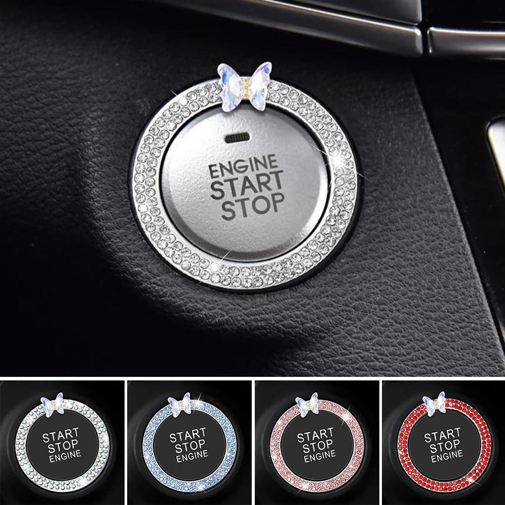 Rhinestone Crystal Butterfly Ring Car Ignition Button Decorative Cover Anti-Corrosion Easy To Install Car Accessories Interior