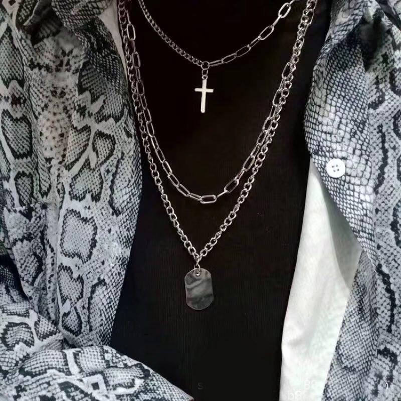 Multi-layer Punk Chains Cross Pendant Cool Hip Hop Geometric Metal Necklaces Fashion Sweater Chain Necklace
