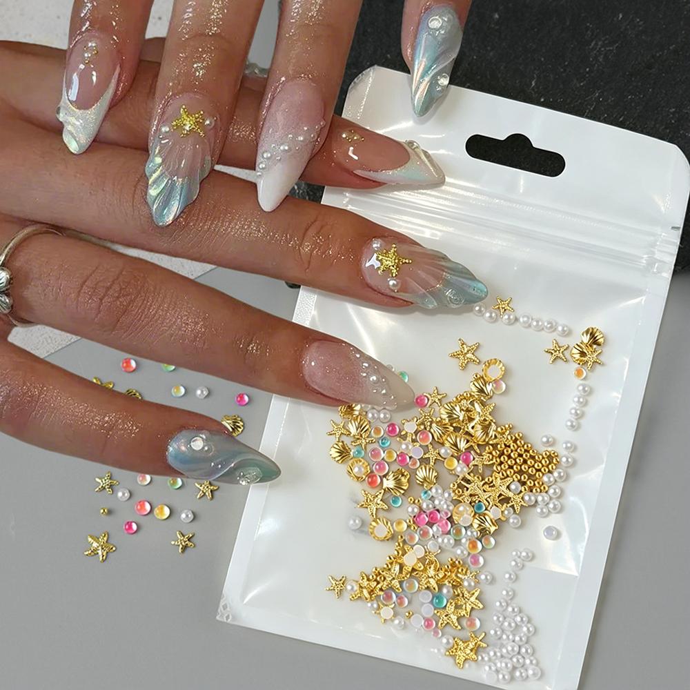 12grids 3D Cute Ocean Theme Nail Rivets Charms Metal Gold Shell/Starfish/Conch/Turtle Nail Studs Flatback Manicure Nail Supplies