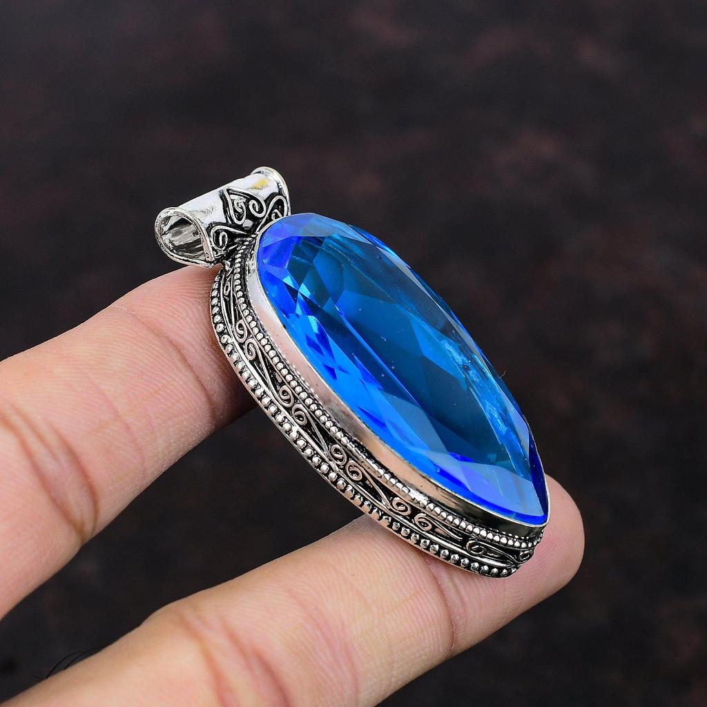 Faceted Swiss Blue Topaz Pendant Handmade Vintage Pendant Antique Jewelry 925 Sterling Silver Pendant Real Gemstone Pendant Engagement Gift