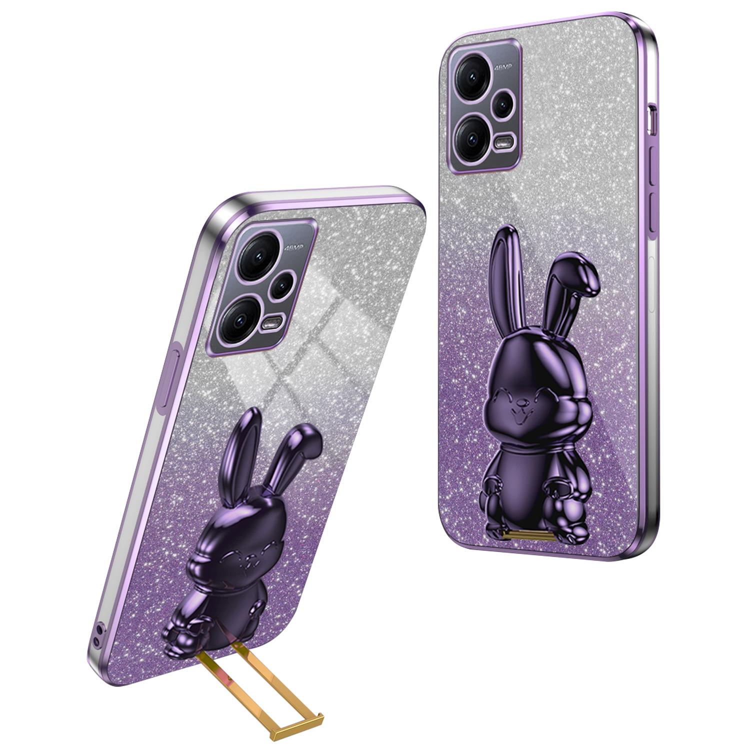 

For Xiaomi Redmi Note 12 5G (Global) Phone Case Cute Rabbit Pull-out Kickstand Shockproof PC+TPU Cover Purple