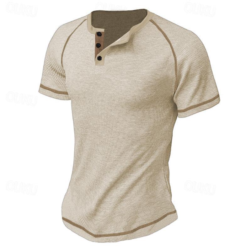 

European and American V-neck buckle men s summer solid color waffle casual sports short-sleeved Henry T-shirt M хакі