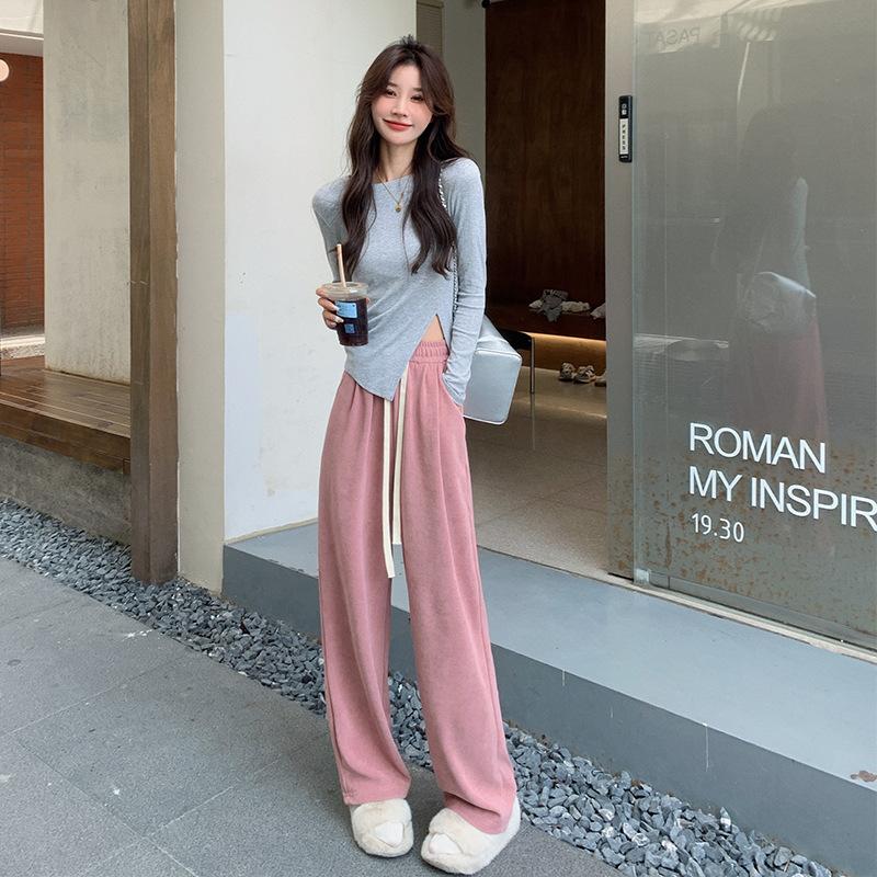 ! Maillard Wide-leg Pants Women's Spring and Autumn Trousers High Waist Loose Lace-up Straight Pants European Cotton Lint Sports Pants