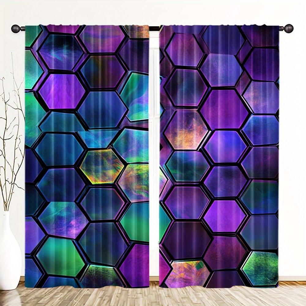 2pcs Futuristic Hexagon Pattern Printed Curtains, Digital Print Drapes Polyester for Living Room, Bedroom, Kitchen, Home Decor
