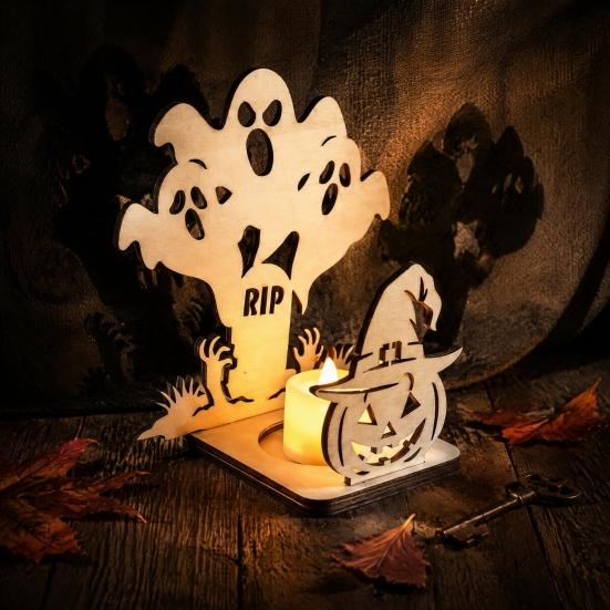 Festival Theme Lighting Halloween Candle Holder, Spooky Pumpkin Bat Shadow Tealight Party Scene Props Vintage Wooden Candlestick Ornament for