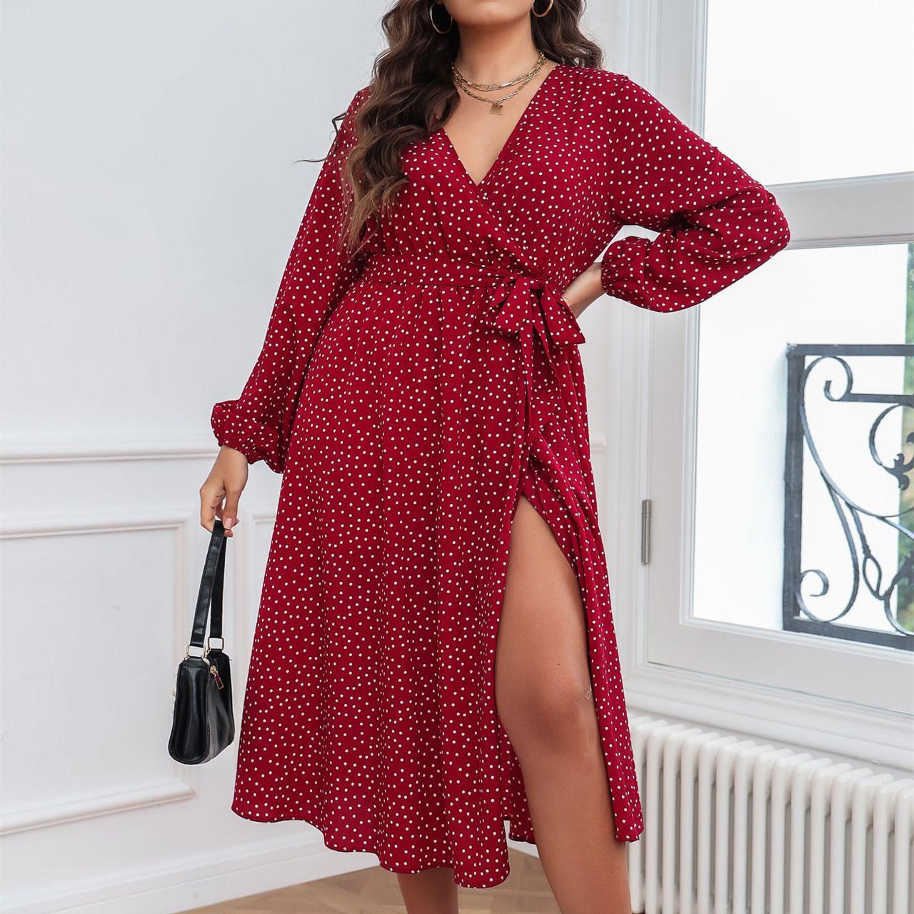 HNXC Женские модные осенние платья в горошек с длинным рукавом и v-образным вырезом — фото 4