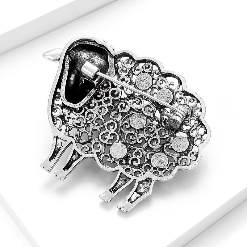 Retro Style Hollow Sheep Brooch Antique Silver Turquoise Stone Lapel Pin Clothing Decor for Women Formal Evening Dress