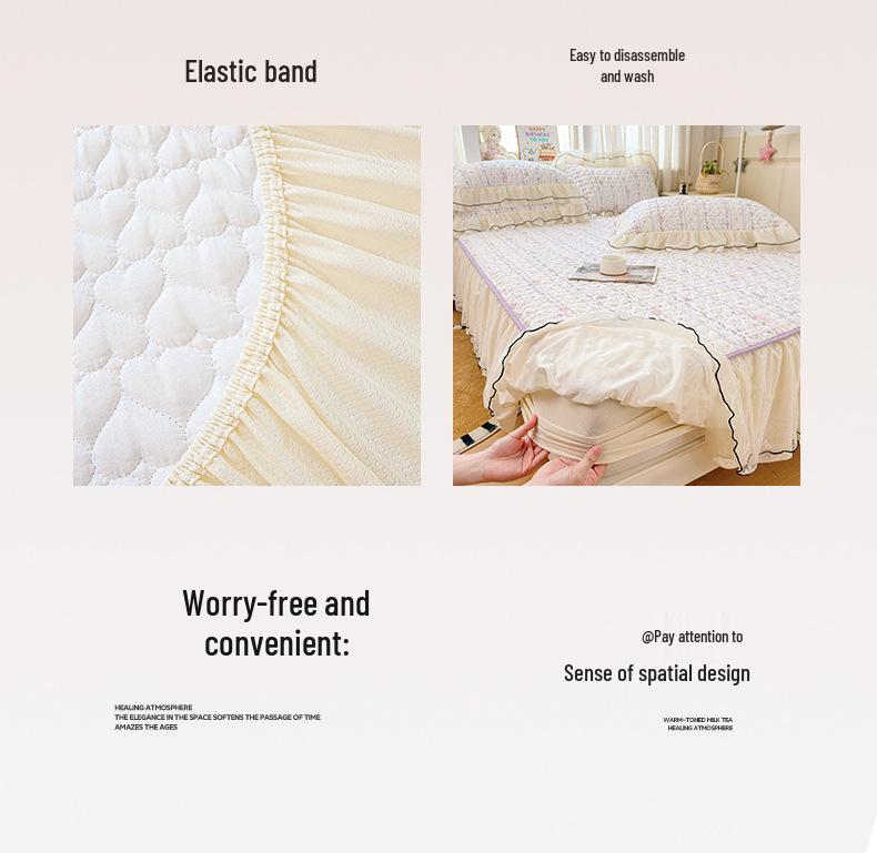 Korean Style Crinkled Gauze Quilted Bed Skirt with Fresh Lace Trim - Non-slip Home Bedding Set