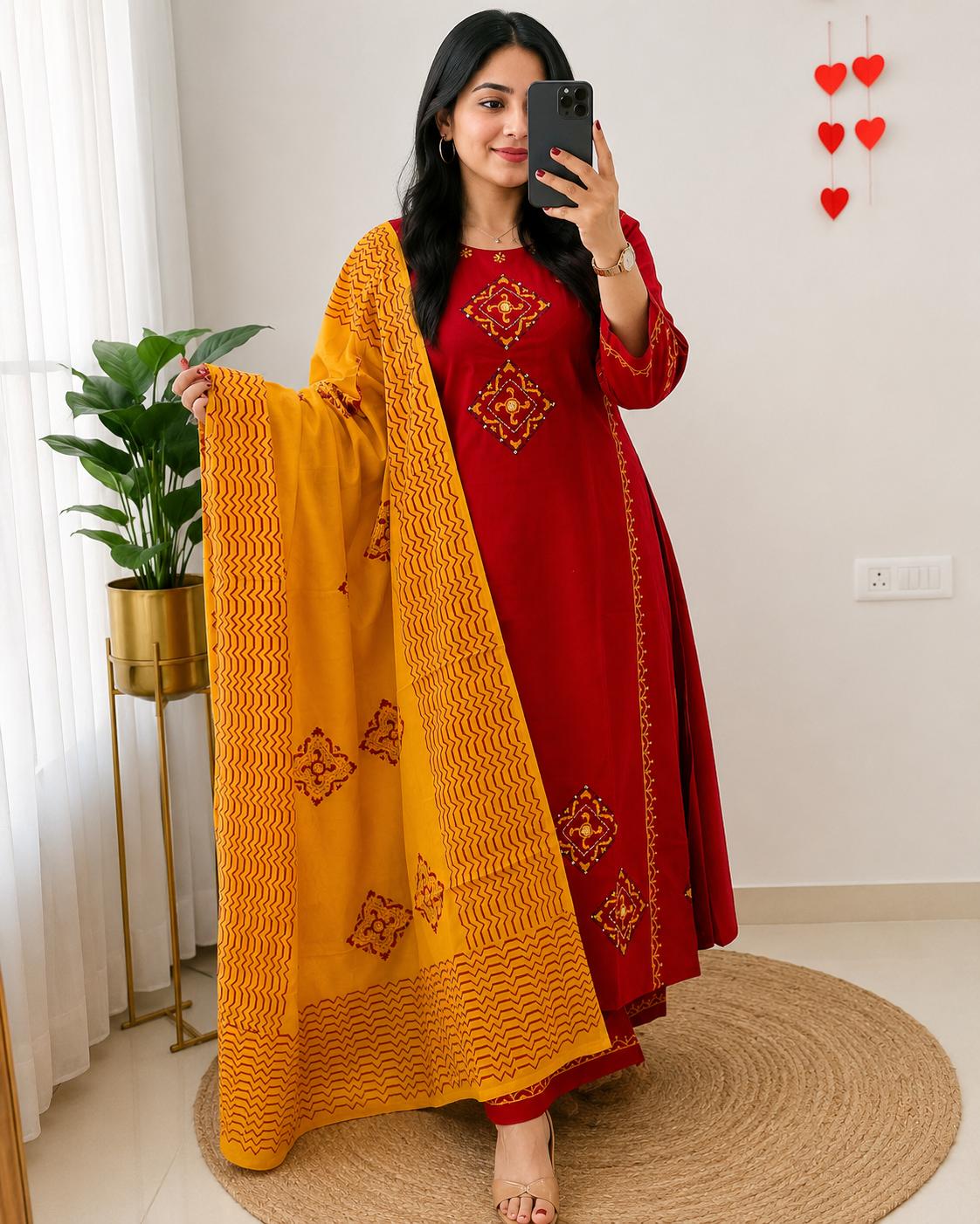 Beautiful Ajrakh Printed Dabu Cotton Suit Indian Women Ethnic Kurti Pant Set