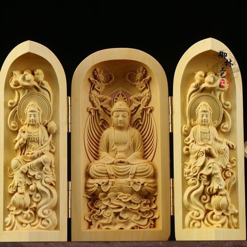 Boxwood Western Tři svatí Buddha Guanyin Masivní dřevo Přenosná třípanelová řezbovaná ozdoba