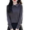 Plus Size Slimming Merino Wool Sweater with Turn-Down Collar and Rhinestone Sleeve Details