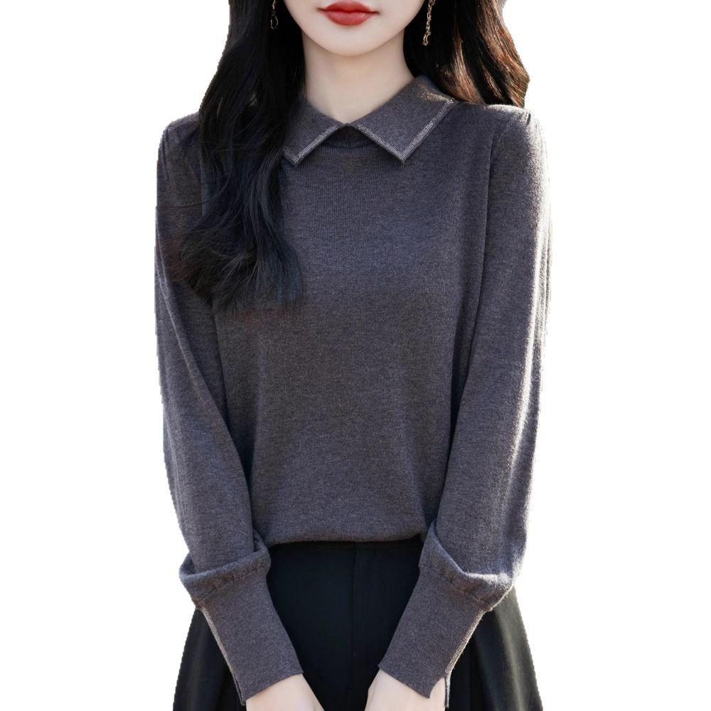 Plus Size Slimming Merino Wool Sweater with Turn-Down Collar and Rhinestone Sleeve Details