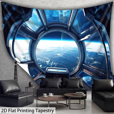 2D Astronaut Spaceship Tapestry Futuristic Space Station Window Scene for Room Decoration