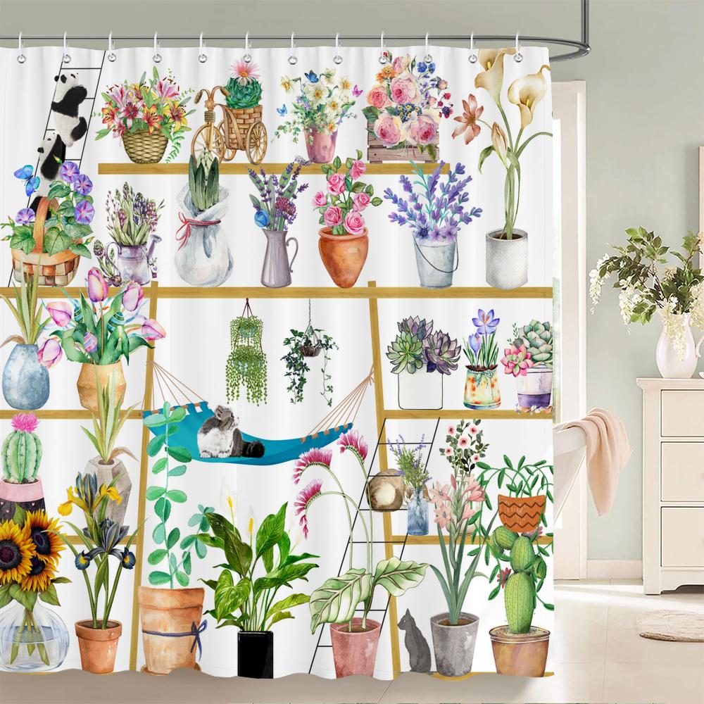 Mönster med blommor och fåglar Duschdraperi 3D Badskärm Vattentätt tyg Badrumsinredning 240X180cm Med krok Duschdraperier