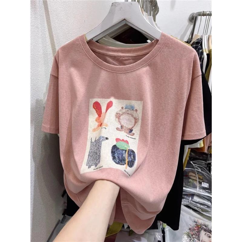 

Women Cartoon Animal Print Short Sleeve T Shirt L розовый
